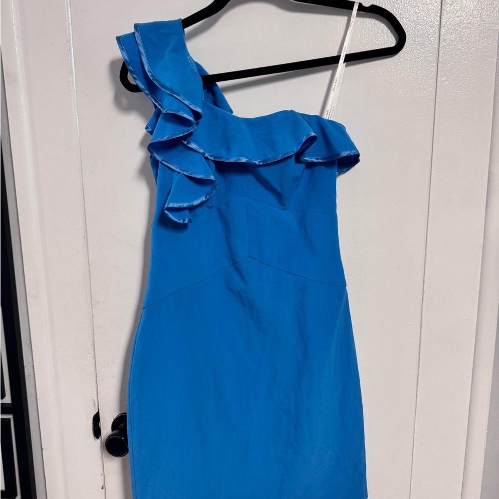 Black Halo Blue Ruffled One Shoulder Cocktail Dress